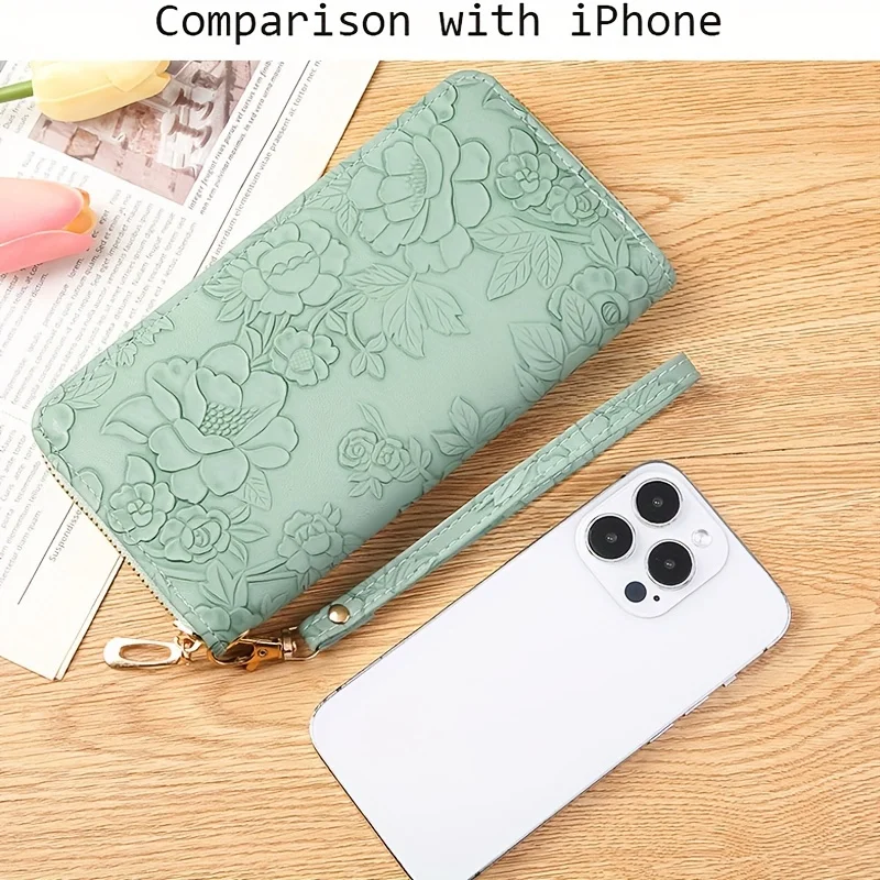 Color: SKY BLUE - Floral Embossed Long Wallet, PU Leather Credit Card Holder, Simple Trendy Phone Coin Clutch Purse For Women Hand-painted Wallet