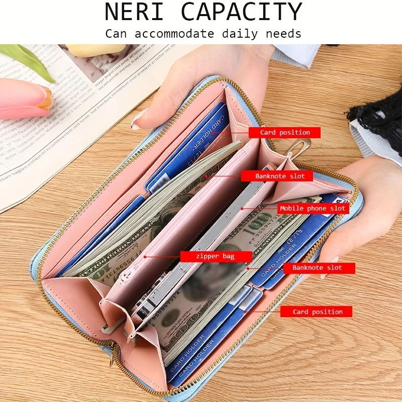 Color: SKY BLUE - Floral Embossed Long Wallet, PU Leather Credit Card Holder, Simple Trendy Phone Coin Clutch Purse For Women Hand-painted Wallet