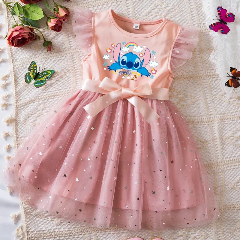 Color: GRAY, Kid Size: 2T - Lilo Stitch Girls Sequin Tutu Dress with Bow Flutter Sleeves Summer Princess Party Outfit for Toddler Kids 2-6 Years
