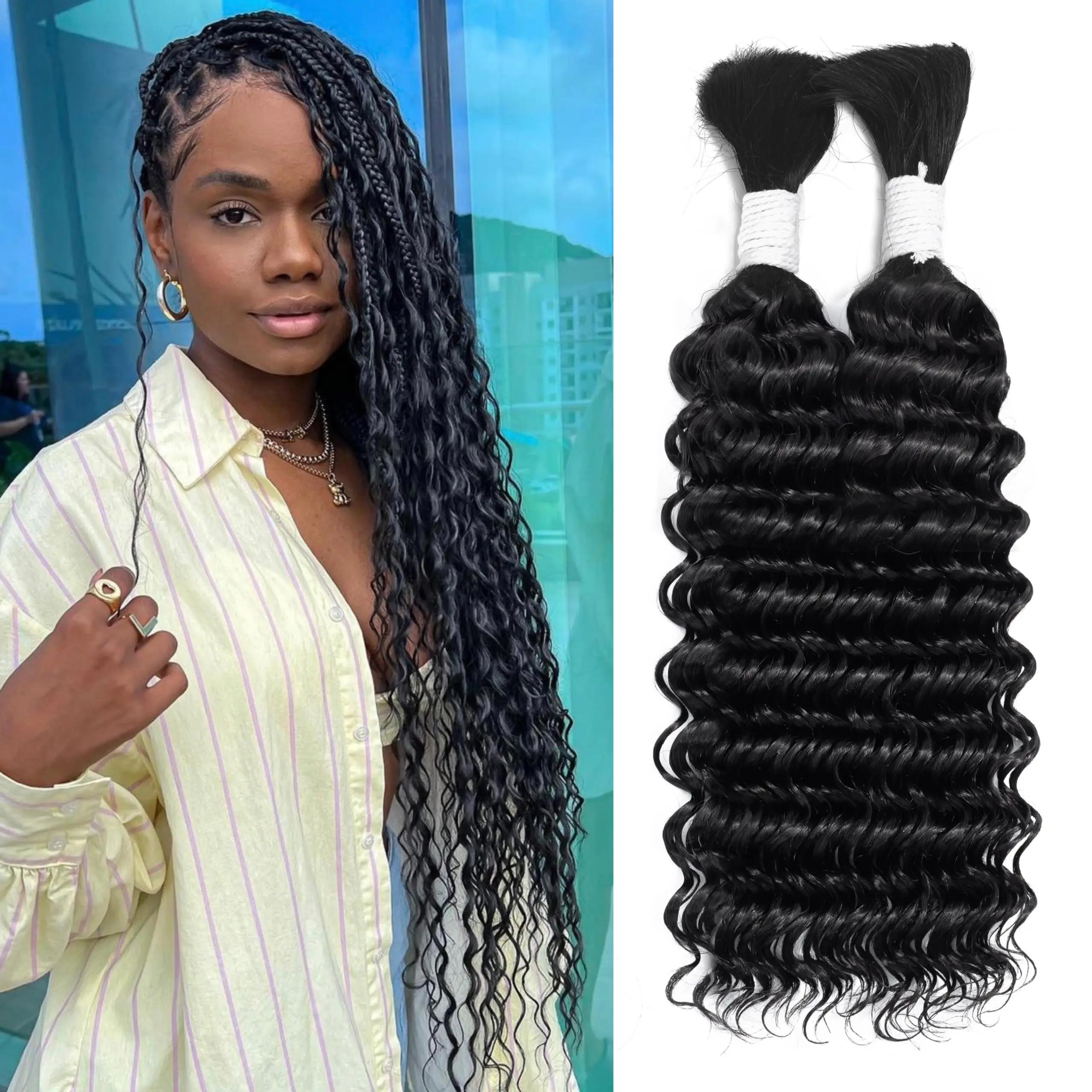 Color: Natural Color, Material Grade: virgin hair, Stretched Length: 18inches, Bulk Buy: 5pcs/lot - Bulk hair braiding Water Wave Bulk 18 inch human hair Boho braids with for knotless box or curly loose wave