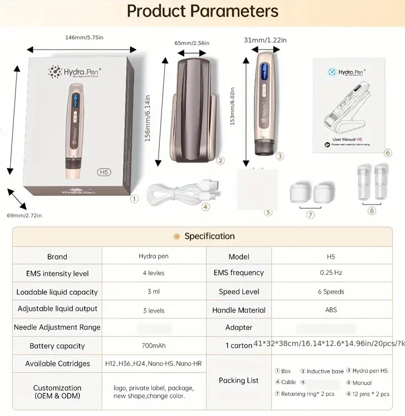 Hydra.Pen H5 Dermapen - Multifunctional Skin Care Device for All Skin Types, Hypoallergenic, USB Powered, Rechargeable Lithium Battery, 700mAh, for Daily Skin Care, Unisex-Adult