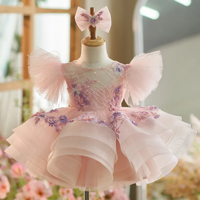 Color: green, Kid Size: 9M - New baby girl toddler dress birthday party dress exquisite unique girl sweet little fly sleeve cake skirt