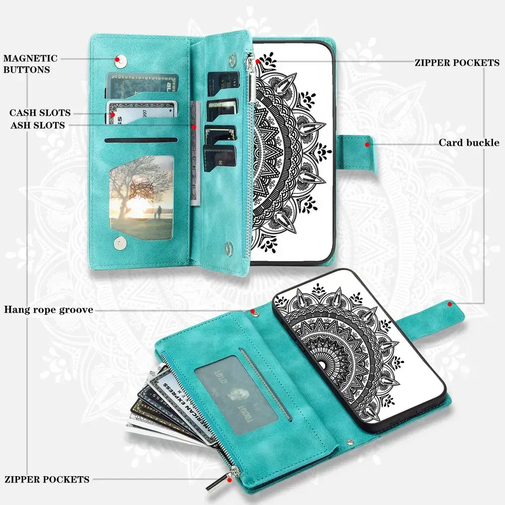 Material: PC, Color: PEACOCK BLUE - A55 A34 A15 5G Zipper Wallet CrossBody Leather Case for Samsung Galaxy A54 Luxury Cover A55 A35 A14 A05 A04 A05s 35 A 55 54 Etui