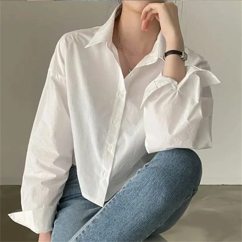 Color: Blue, Size: M - Spring New Casual Long Sleeve Women White Shirt Korea Style Solid Button Split Woman Crop Tops Blouse Party Clothing