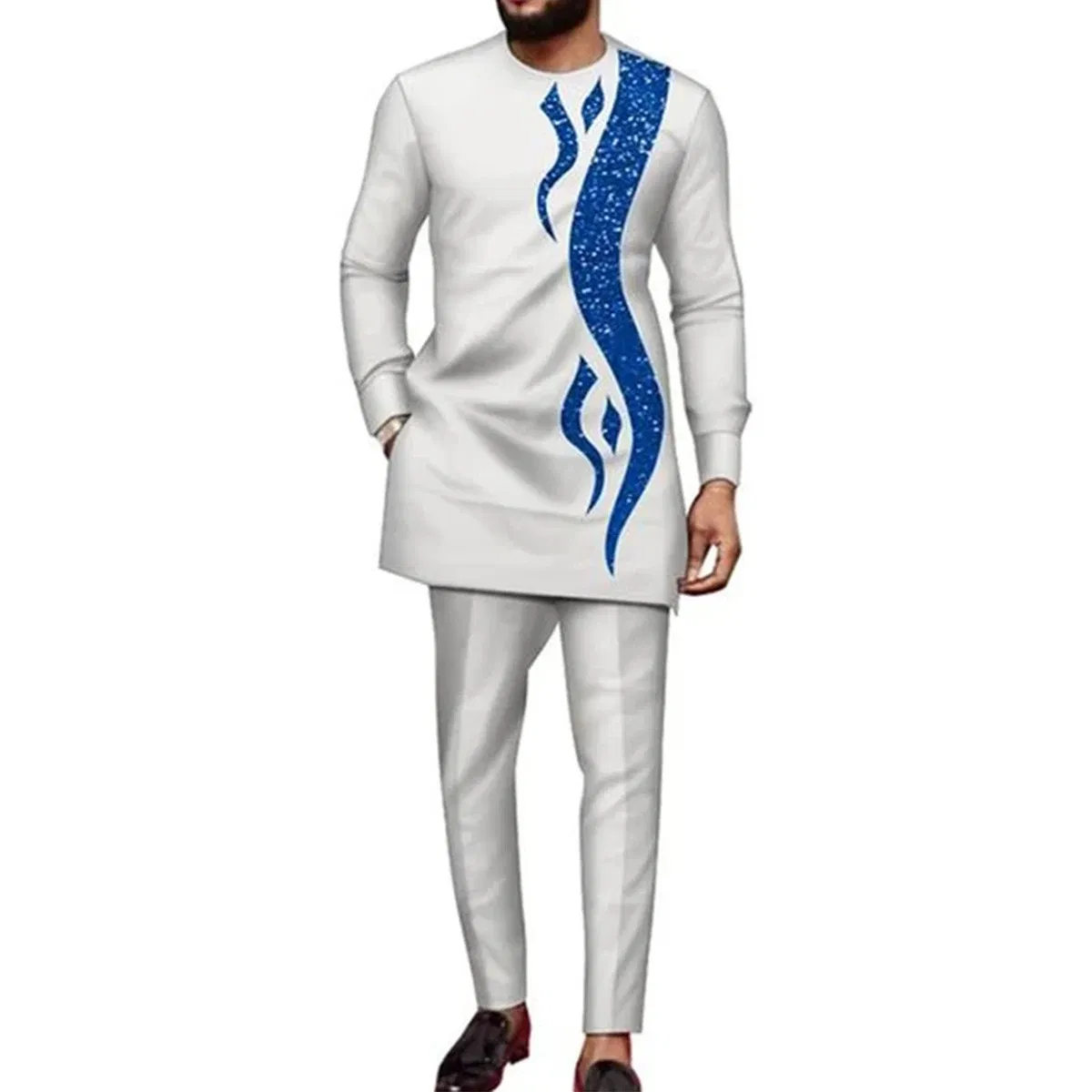 Color: GRAY, Size: M - 2025 New men's suit, white pocket, 2-piece set, luxury wedding casual suit, traditional African style of ethnic minorities