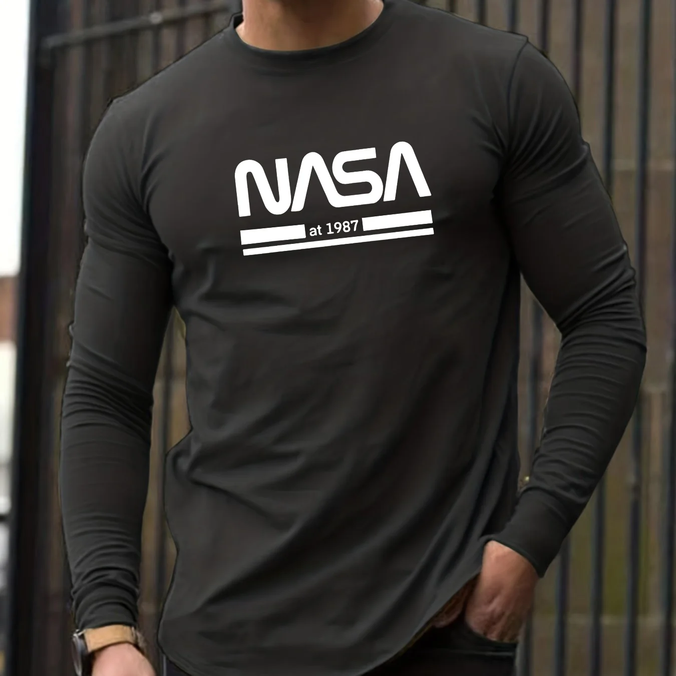Color: Dark Grey, Size: XS - Men's Spring and Autumn 100% Cotton Loose Comfortable Casual NASA Letter Printed Round Neck Long Sleeve T-shirt