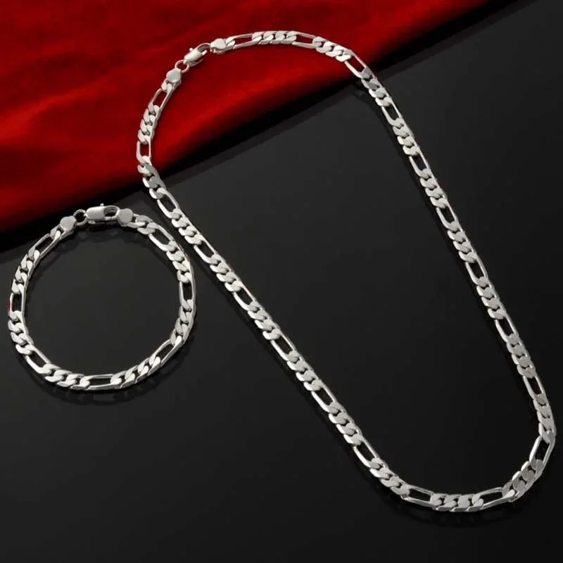 Gem Color: Green, Length: 60cm - 925 Sterling Silver 4MM 16-30 Inches Figaro Chain Bracelet Necklace For Man Woman Fashion Couple Christmas Gift Jewelry Set 2pcs