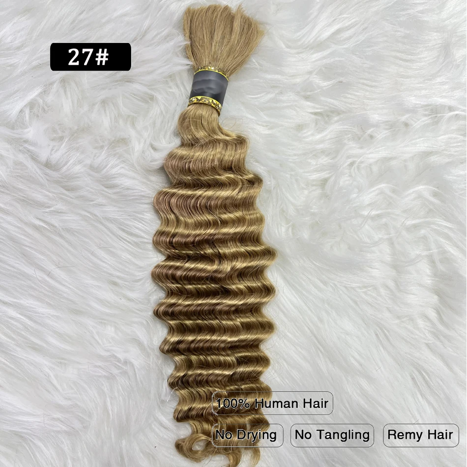 Color: T4/27/30, Stretched Length: 22INCHES - Pre-Colored Brazilian Deep Wave Bulk Human Hair No Weft Remy Bulk Human Hair 14 To 28 Inch Bulk Hair Extension Crochet Braids