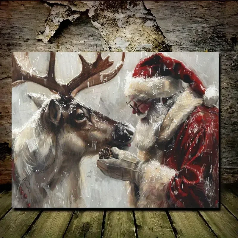 Charming Santa Claus & Reindeer Canvas Wall Art