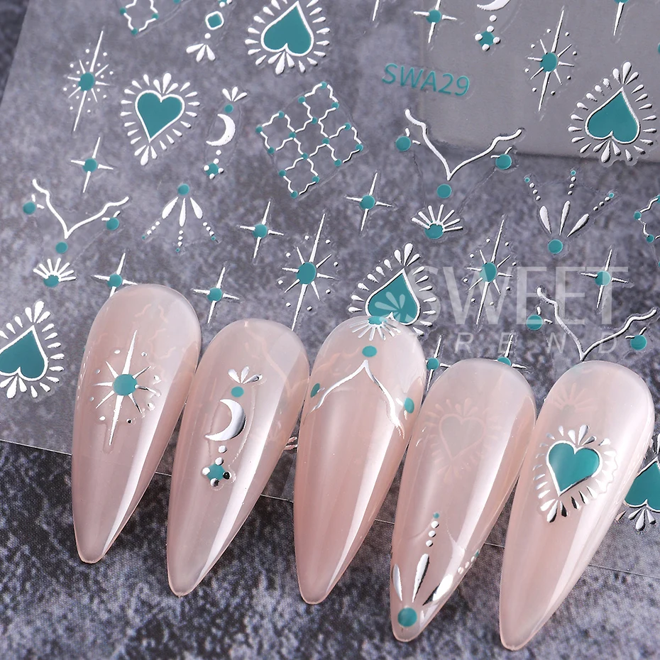 Color: GRAY - Metallic Bohemian Style Nail Sticker Gold Silver Lace Lines Green Gem Love Heart 3D Holographic Manicure Sliders Nail Decoration