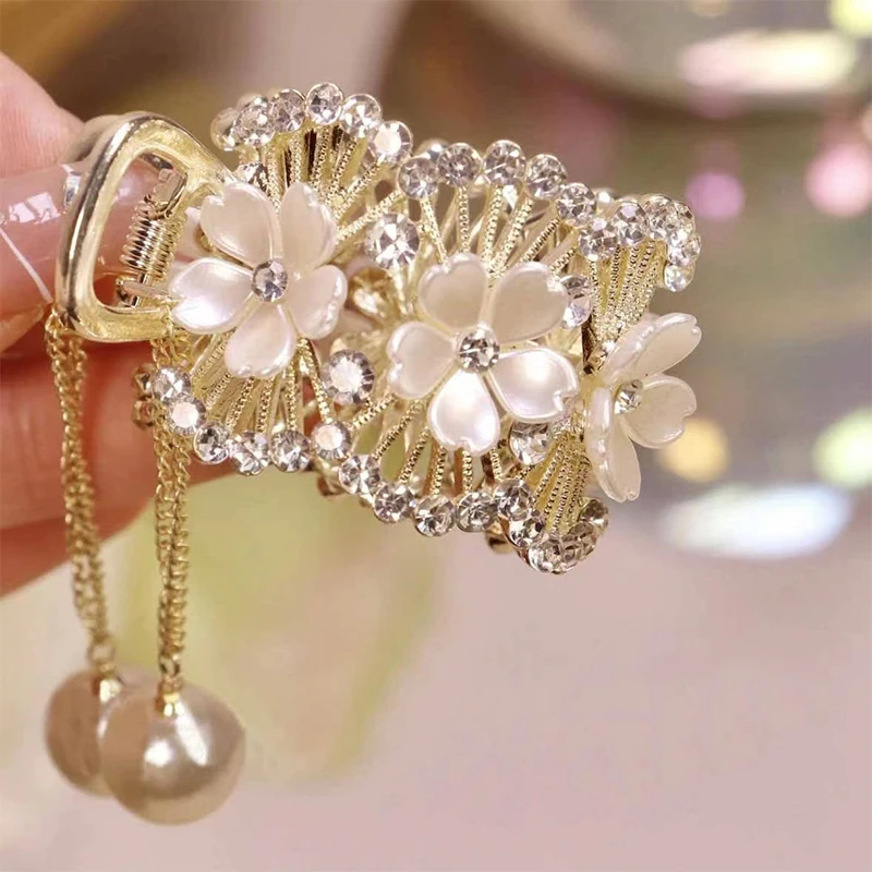 Color: SKY BLUE - Fashion Rhinestone Tassel Pearl Hair Claws Flowers Hair Clip Women Barrettes Ponytail Holder Hairpins Hair Accessories Gifts