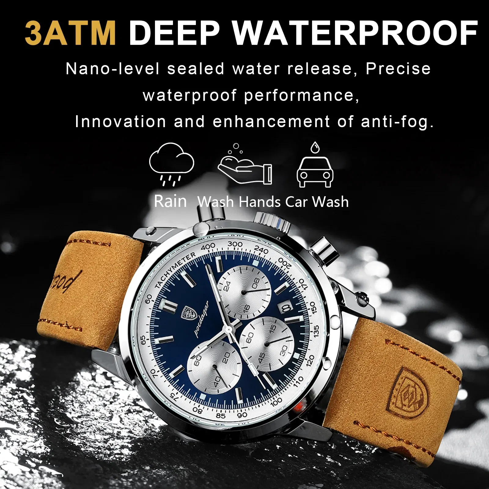 Color: Rose - POEDAGAR Man Wristwatch Luxury Sport Genuine Leather Men Quartz Watch For Men Chronograph Waterproof Luminous Date Men's Watches