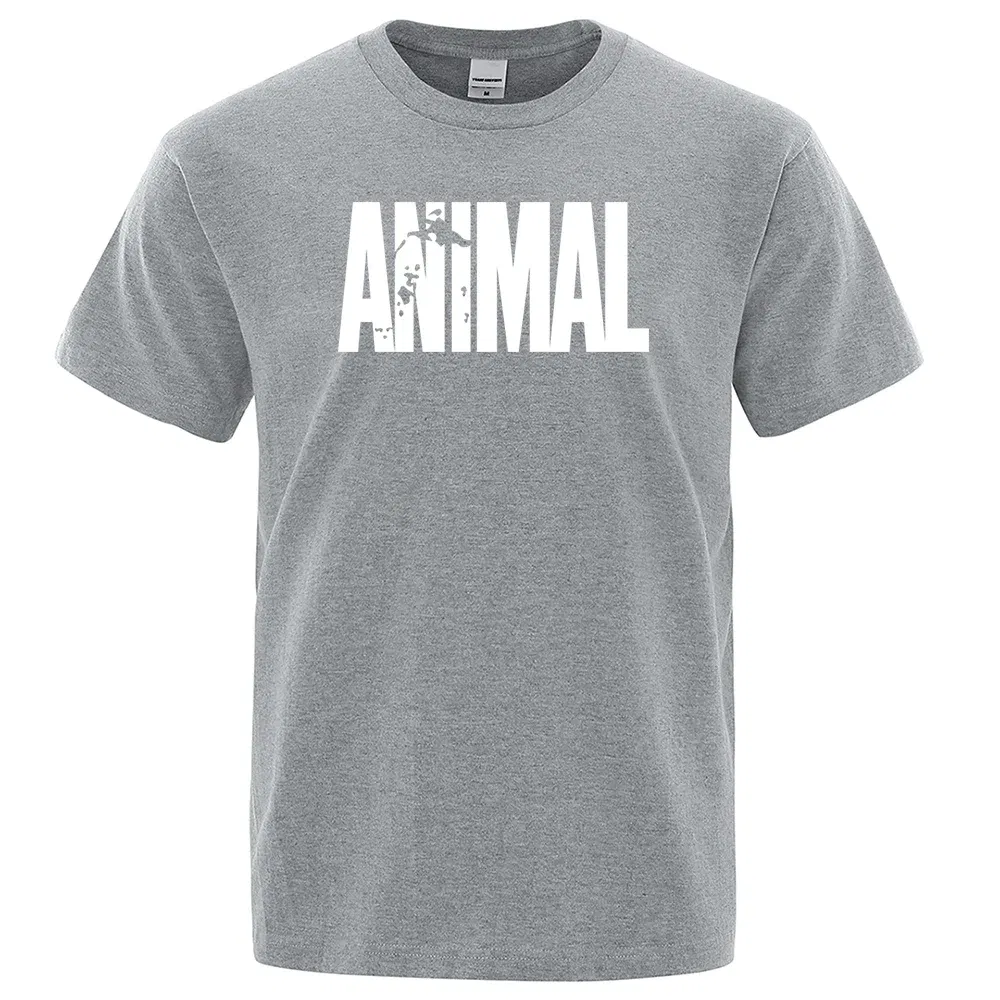 Color: Silver, Size: L - Fashion ANIMAL Letter Print Men T-Shirts Street Funny Short Sleeves Loose Oversized T Shirt O-Neck Breathable Cotton Clothing