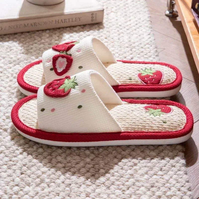 Shoe Size: 38-39, Color: Grape - Strawberry Linen Upper Sweet Home Girl's Soft Soles Silent Non-slip Floor Slippers in Line with Human Bow Science Shoes Sandals