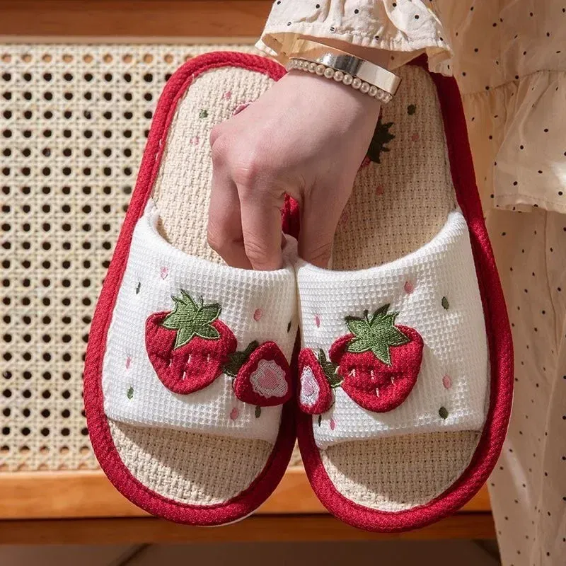 Shoe Size: 38-39, Color: Grape - Strawberry Linen Upper Sweet Home Girl's Soft Soles Silent Non-slip Floor Slippers in Line with Human Bow Science Shoes Sandals