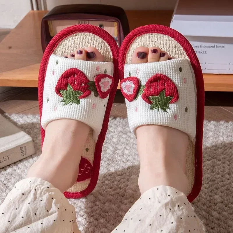 Shoe Size: 38-39, Color: Grape - Strawberry Linen Upper Sweet Home Girl's Soft Soles Silent Non-slip Floor Slippers in Line with Human Bow Science Shoes Sandals