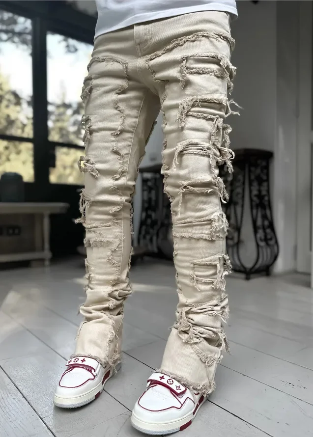 Color: Dark Grey, Size: M - Men's Regular Fit Stacked Jeans Ripped Slim Fit Patch Distressed Destroyed Straight Denim Pants Hip Hop Streetwear Trouser Cloth