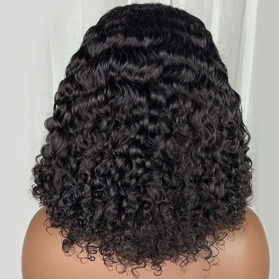 Hair Color: #1B, Stretched Length: 10inches - 13X4 Glueless Water Wave Wigs Human Hair Pre Cut Bob Wig Ready To Go 180% Density 4x4 Water Wave Lace Closure Wigs Human Hair