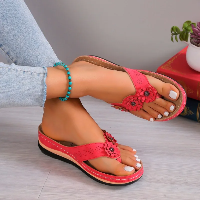 Color: Pink, Shoe Size: 36 - Clip Toe Summer Shoes Women's Slippers Sweet Three Flowers Platform Sandals Soft Casual Ladies Flip Flops 2024 ?‘осоно?¶ки ?–?µнски?µ