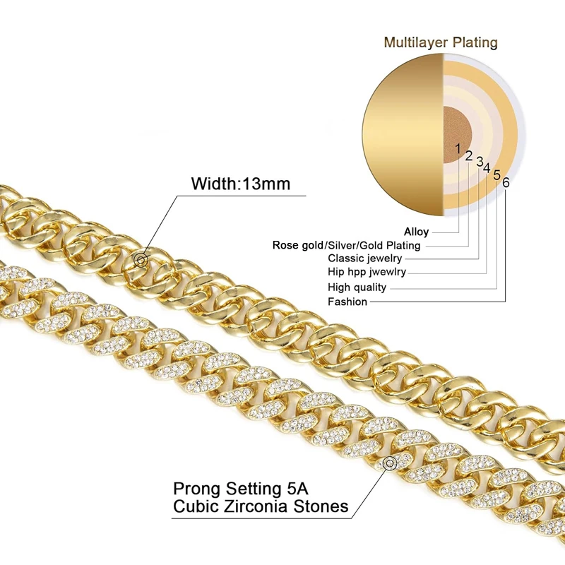 Metal Color: Dark Gold, Length: 40cm - Men Women Hip hop Iced Out Bling Chain Necklace High quality 13mm width Miami Cuban Chain HipHop Necklaces Fashion Jewelry