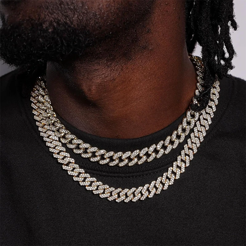 Metal Color: Dark Gold, Length: 40cm - Men Women Hip hop Iced Out Bling Chain Necklace High quality 13mm width Miami Cuban Chain HipHop Necklaces Fashion Jewelry