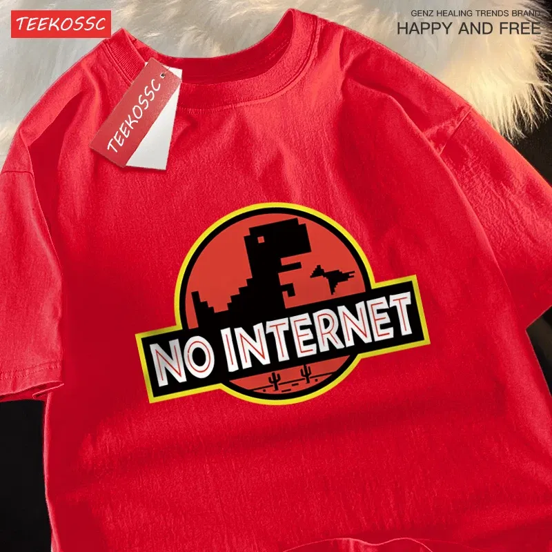 Color: Pink, Size: L - No Internet Fun Little Dinosaur Short Sleeve Mens Cartoons Cotton Tshirt Summer High Quality Clothing Fashion Oversize T-Shirts