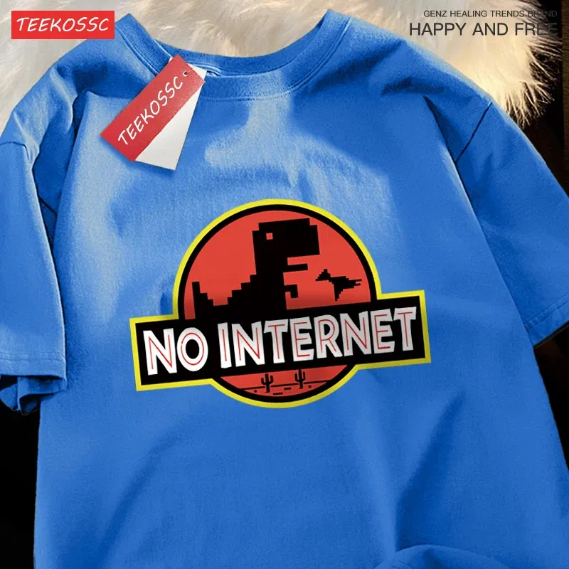 Color: Pink, Size: L - No Internet Fun Little Dinosaur Short Sleeve Mens Cartoons Cotton Tshirt Summer High Quality Clothing Fashion Oversize T-Shirts