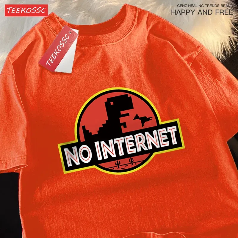Color: Pink, Size: L - No Internet Fun Little Dinosaur Short Sleeve Mens Cartoons Cotton Tshirt Summer High Quality Clothing Fashion Oversize T-Shirts