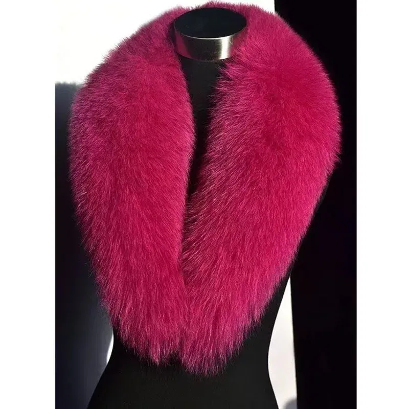 Color: Rose Red, Size: XL - Winter Real Fox Fur Collar Woman Furry Natural Raccoon Fur Scarf Shawls Luxury Neck Warmer Wraps For Coat Fur Scarves Large Size