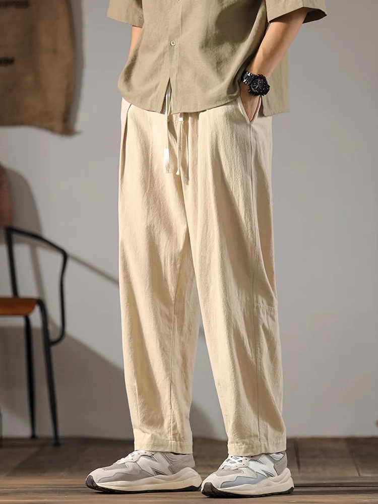 Color: SKY BLUE, Size: S - Japenese Cotton Linen Pants Men Summer Straight Casual Ice Silk Sweatpants Male Wide leg Oversize Linen Trousers 2024 New
