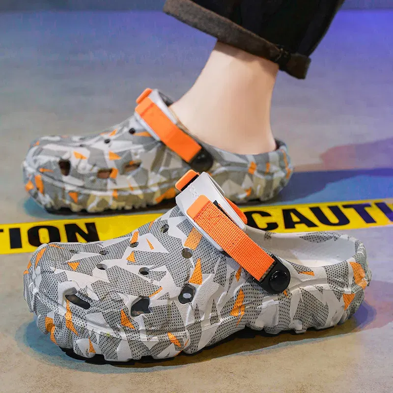 Color: Silver, Shoe Size: 44 - Fashion Garden Shoes Men's Clogs Slippers Sandal Flat Camouflage Sandals Male Sneakers Outdoor Flip Flops Home Clogs