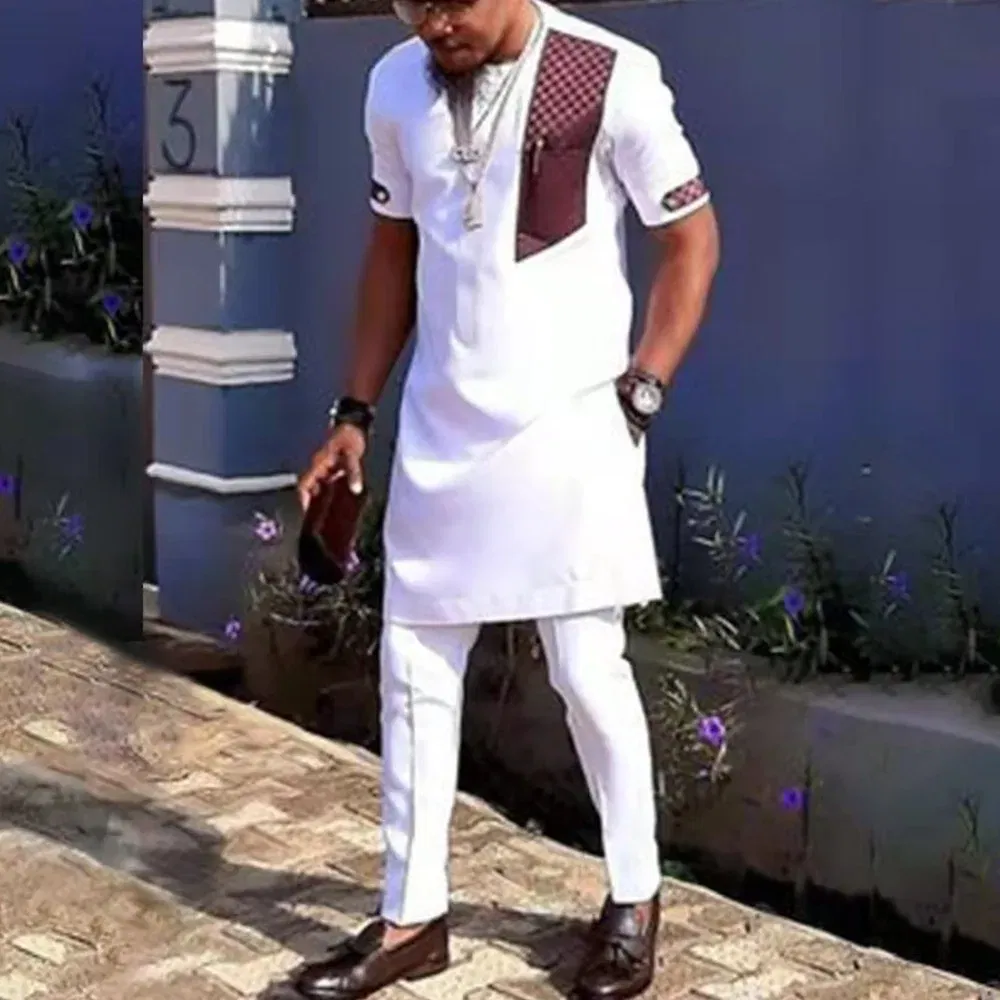 Color: Dark Grey, Size: L - 2025 New men's suit, white pocket, 2-piece set, luxury wedding casual suit, traditional African style of ethnic minorities