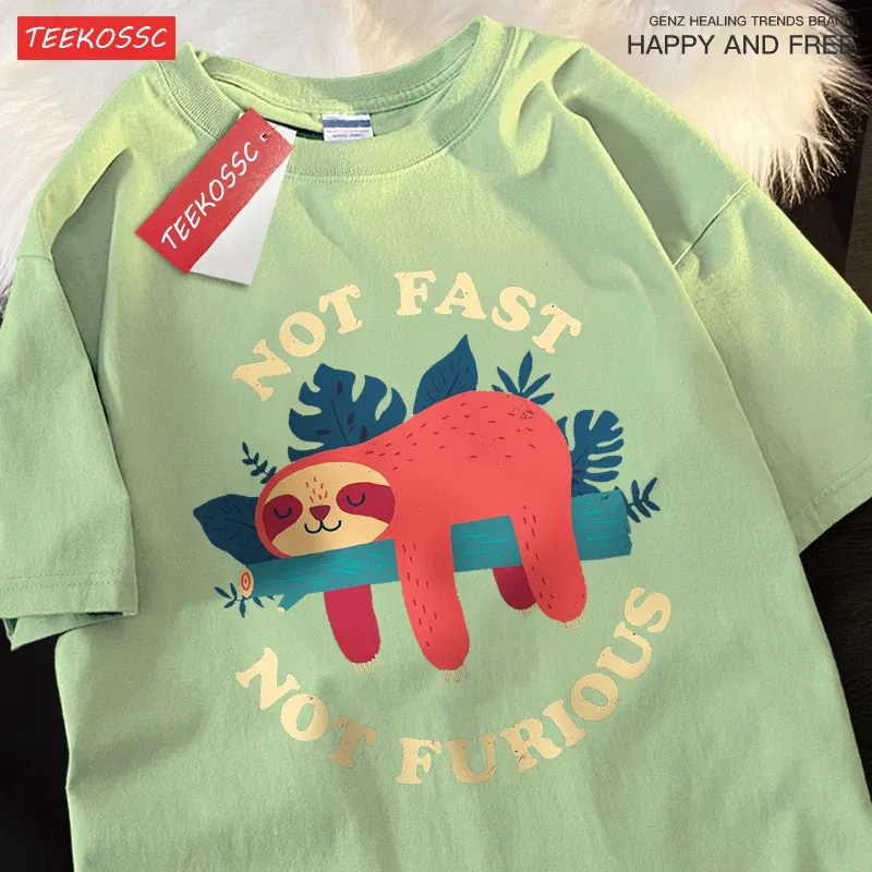 Color: PURPLE, Size: M - Not Fast Not Furious Cute Sloth Male T Shirts Hip Hop Crewneck Short Sleeve Summer Cotton Tops Casual Sweat Oversized T-Shirts
