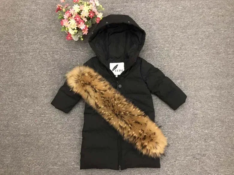 Color: black, Kid Size: 12M - Children Girl boy Winter real fur thickened down jackets 90 down Long Coat jacket overcoat baby kids clothing -30 outwear ws1245