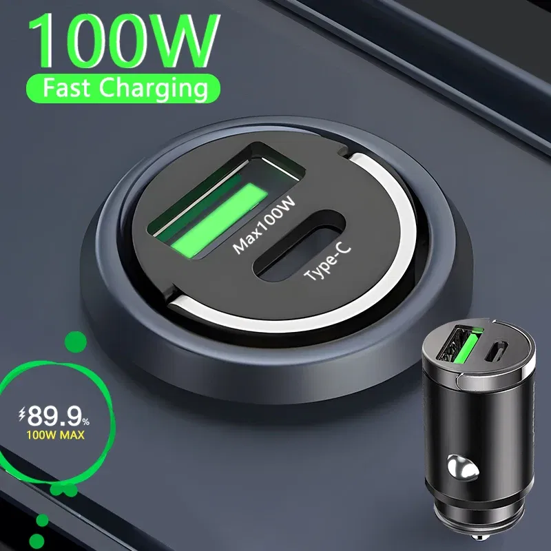 Plug Type: KR - 100W Mini Car Charger Lighter Fast Charging for iPhone QC3.0 Mini PD USB Type C Car Phone Charger for Xiaomi Samsung Huawei