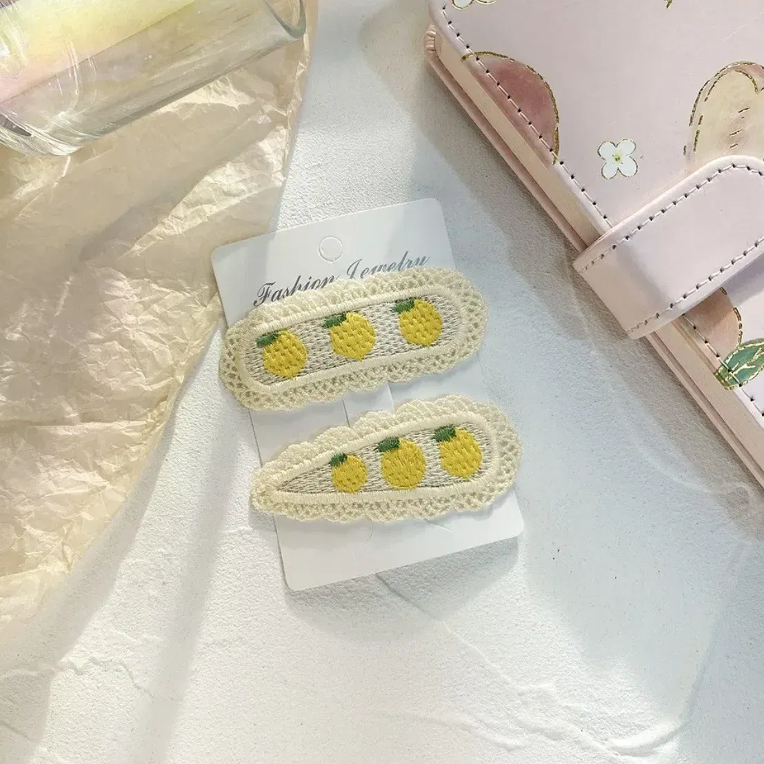 Color: SKY BLUE - 2Pcs Sweet Girl Embroidery Hairpin Lace Side Clip Cute Kids Hair Ornament Pastoral Style Fruit Pattern Headwear