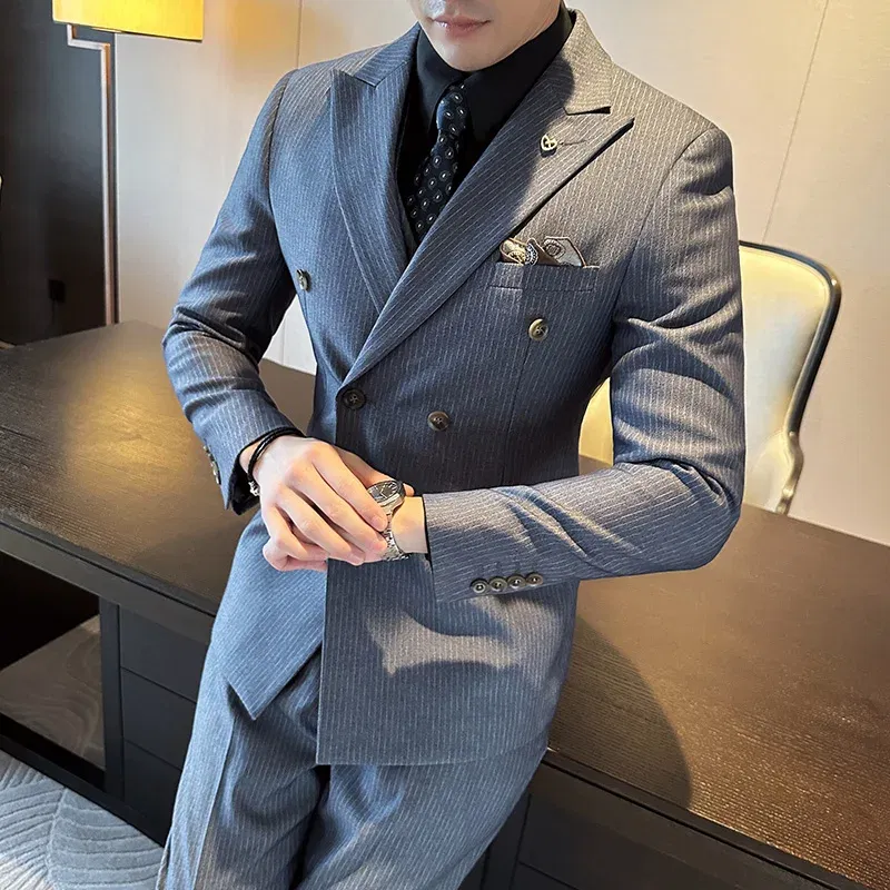 Color: SKY BLUE, Size: 5XL - 2025 Men's Double Breasted 3/2 Piece Business Casual Wedding Dress Suit with Trousers Regular Fit Bridegroom High Sense