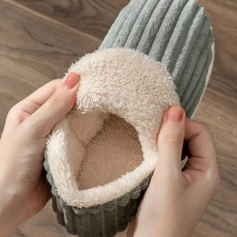 Color: Blue, Shoe Size: 42-43 - Winter Couple Style Concise Solid Color Wrap Heels Plush Slippers Non-slip Warm Flip Flops Women Men Home Casual Cotton Shoes