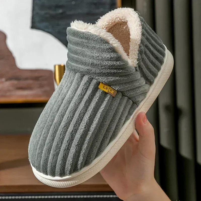 Color: Blue, Shoe Size: 42-43 - Winter Couple Style Concise Solid Color Wrap Heels Plush Slippers Non-slip Warm Flip Flops Women Men Home Casual Cotton Shoes