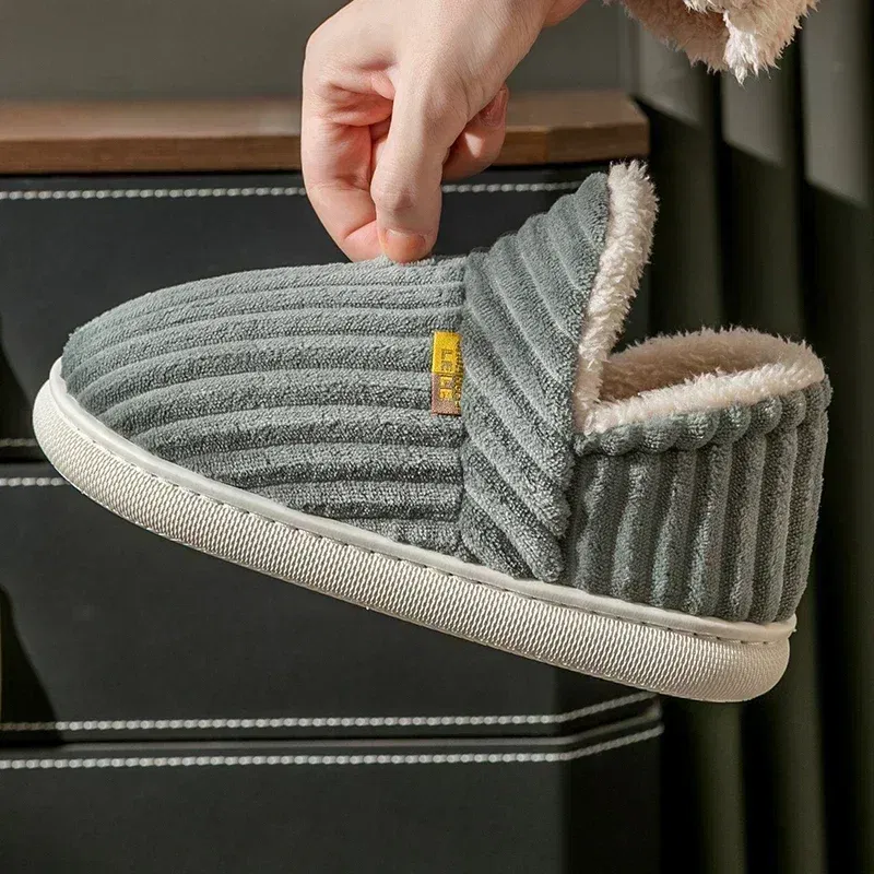 Color: Blue, Shoe Size: 42-43 - Winter Couple Style Concise Solid Color Wrap Heels Plush Slippers Non-slip Warm Flip Flops Women Men Home Casual Cotton Shoes