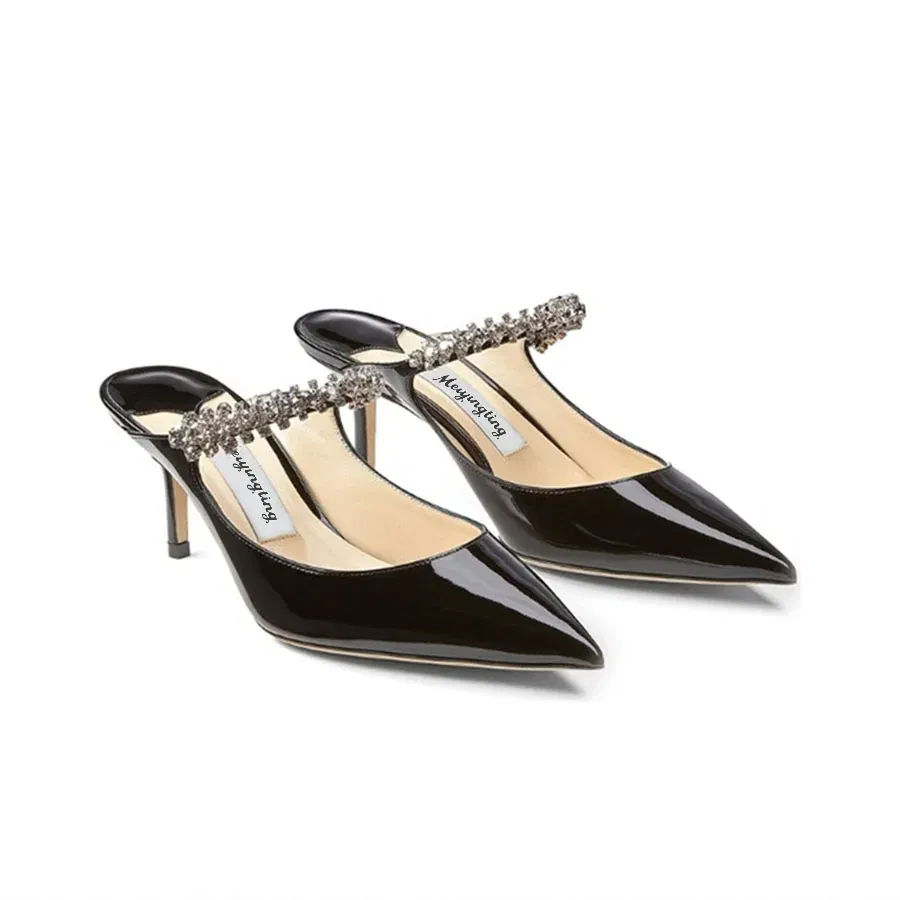 Color: black, Shoe Size: 36, Ships From: CHINA - Elegant Leather Mules Pointed Toe Stylish Rhinestone Embellished High Heel Sandals Sophisticated Party Evening Shoes Footwear