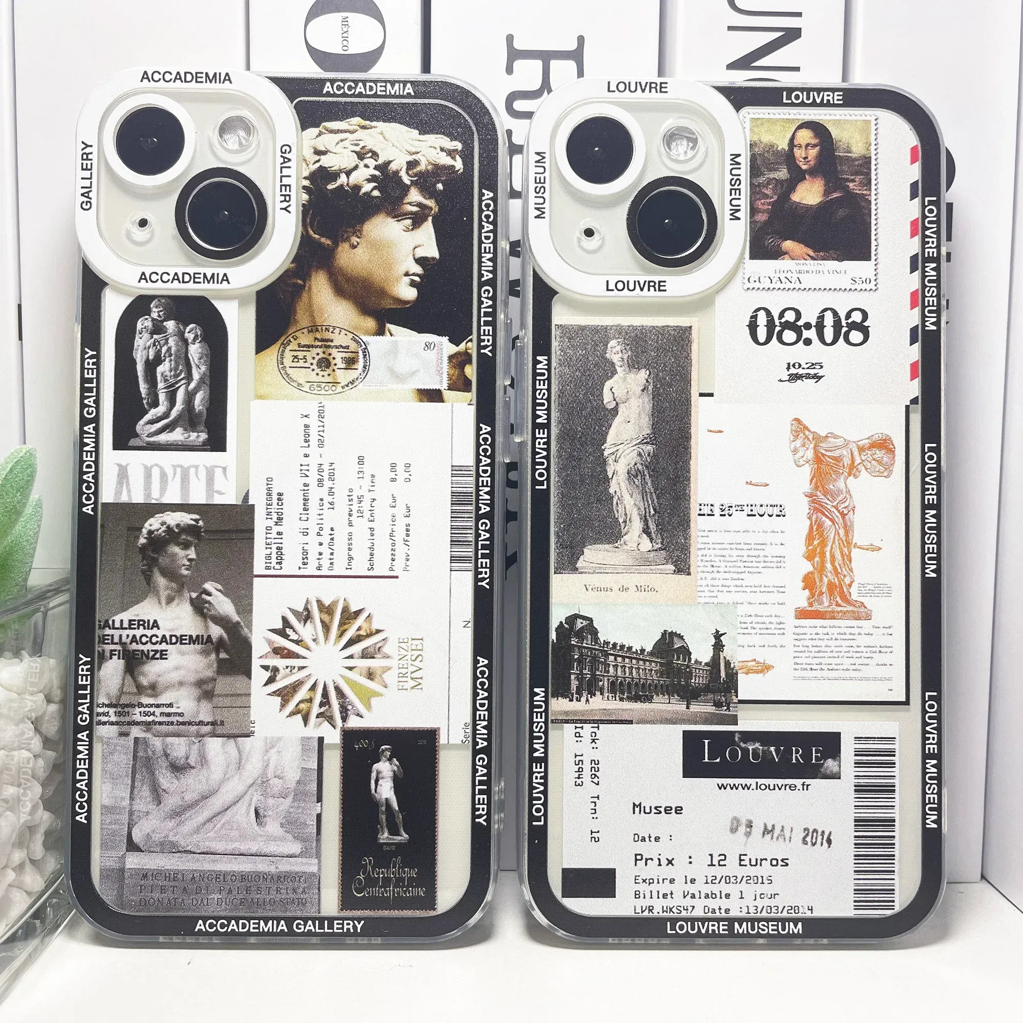 Color: Blue, Material: leather - Van Gogh David Museum Tickets Stickers Collage Art Phone Case For iPhone 14 13 12 11 Pro Max Mini XS X XR SE 7 8 Plus Soft Cover