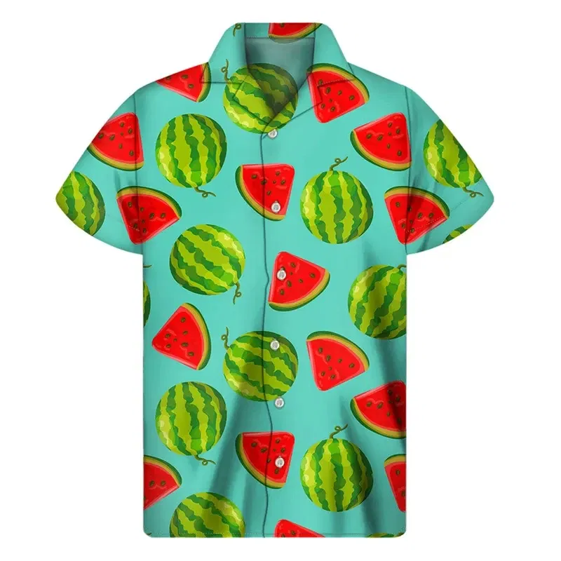 Color: Beige, Size: S - Tropical Watermelon Graphic Hawaiian Shirt Summer Street Short Sleeves 3d Printed Fruits Button Shirts Men Clothes Lapel Blouse