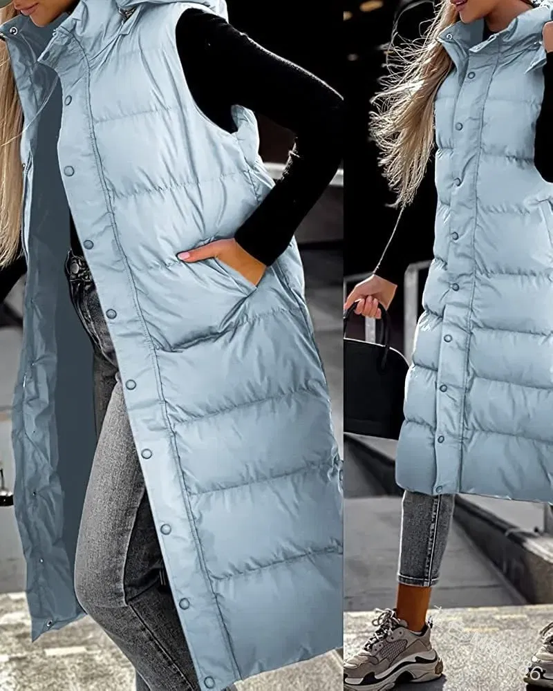 Color: SKY BLUE, Size: XXL - Hooded Zipper Jacket Women Oversize Waistcoat Winter Outerwear Hooded Parka Fashion Quilted Vest Casual