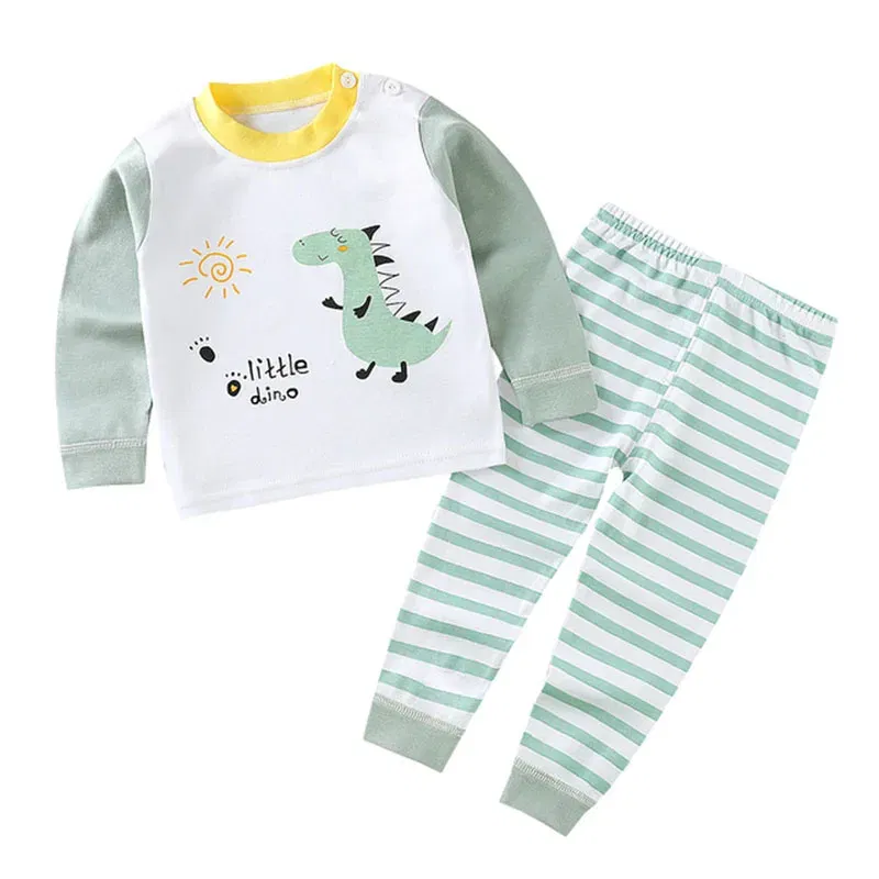 Color: Beige, Kid Size: 9M - Children Kids Clothes Sets Boys Girls Suit Pajamas Clothinng Pants Cartoon Autumn Winter Sleepwear Outfits