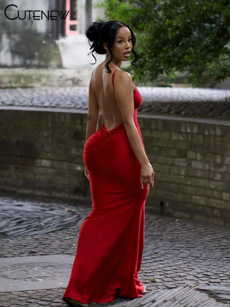 Color: Red, Size: L - Nibber Red Shiny Spaghetti Strap Maxi Dress Women Solid Sexy Backless Ruched Cleavage Body-shaping Robe Lady Hipster Streetwear