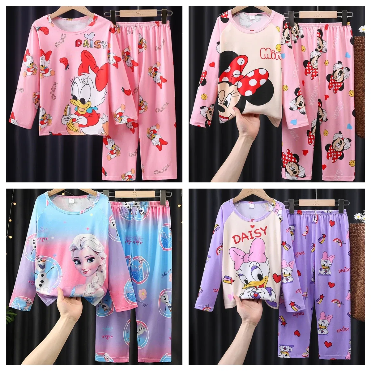 Color: Blue, Kid Size: 4T - 2pcs/set New Children Pyjamas Minnie Elsa Duck Cartoon Girls Sets Kid Home Wear boys and girls Travel Casual Sleepwear Suit
