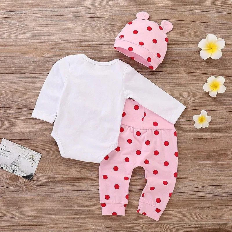 Color: black, Kid Size: 18M - Spring Fall Cotton Newborn Baby Girl Clothes 0-3 Months Polka Dot Unisex Infant Clothes Set Boy 3-piece Clothing With Hat