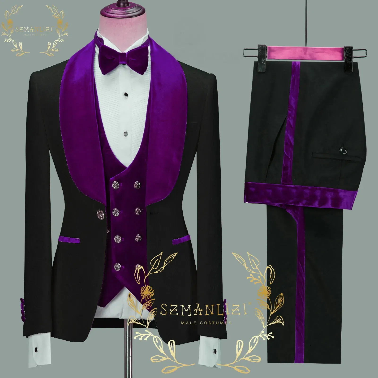 Color: Khaki, Size: XXXL - SZMANLIZI 2022 Latest Designs Black Floral Party Blazer Men Suits Costume Homme Groom Tuxedos Wedding Terno Masculino 3 Pieces