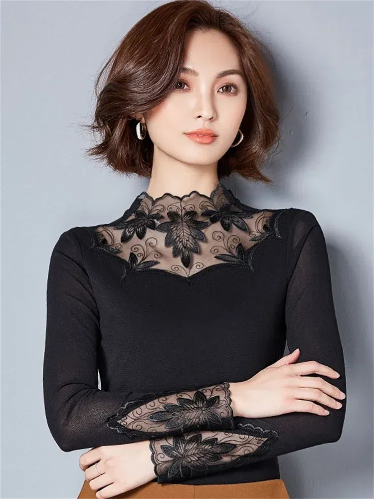 Color: Khaki, Size: L - Hollow Out Women Spring Autumn Style Lace Blouses Shirts Casual Long Sleeve Patchwork Spliced Turtleneck Blusas Tops DF1491